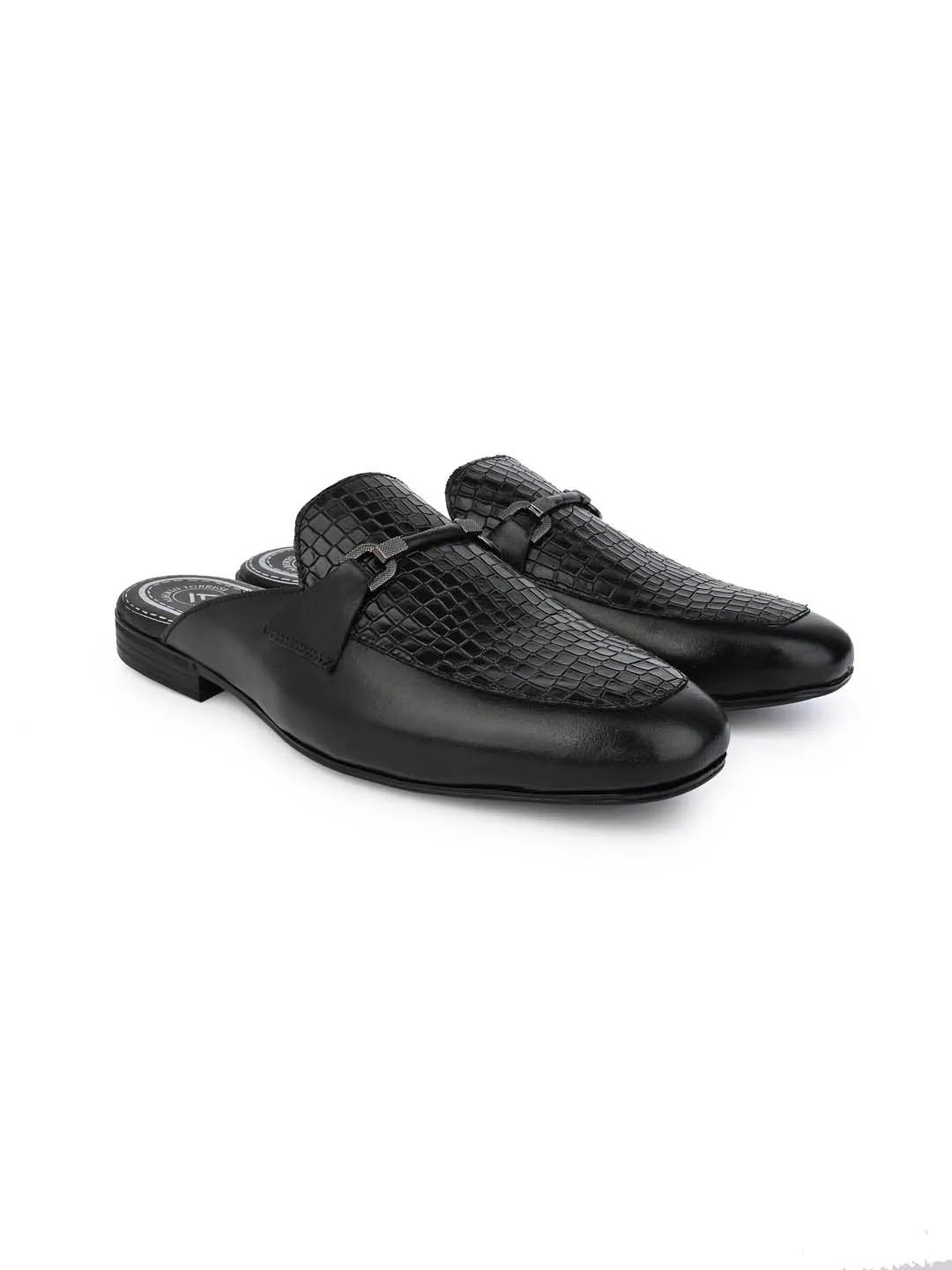 Alberto Toreesi Black Leather Textured With Metal Accent Mules