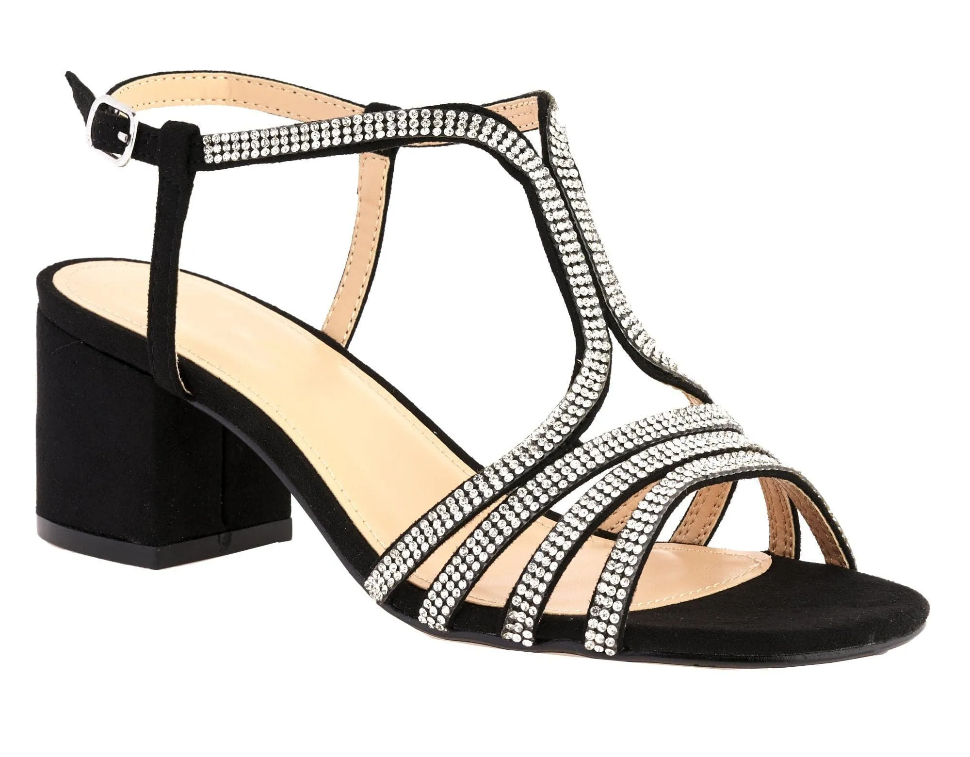 Amanda 3 Diamante Strap T-bar Block Heel Sandal in Black