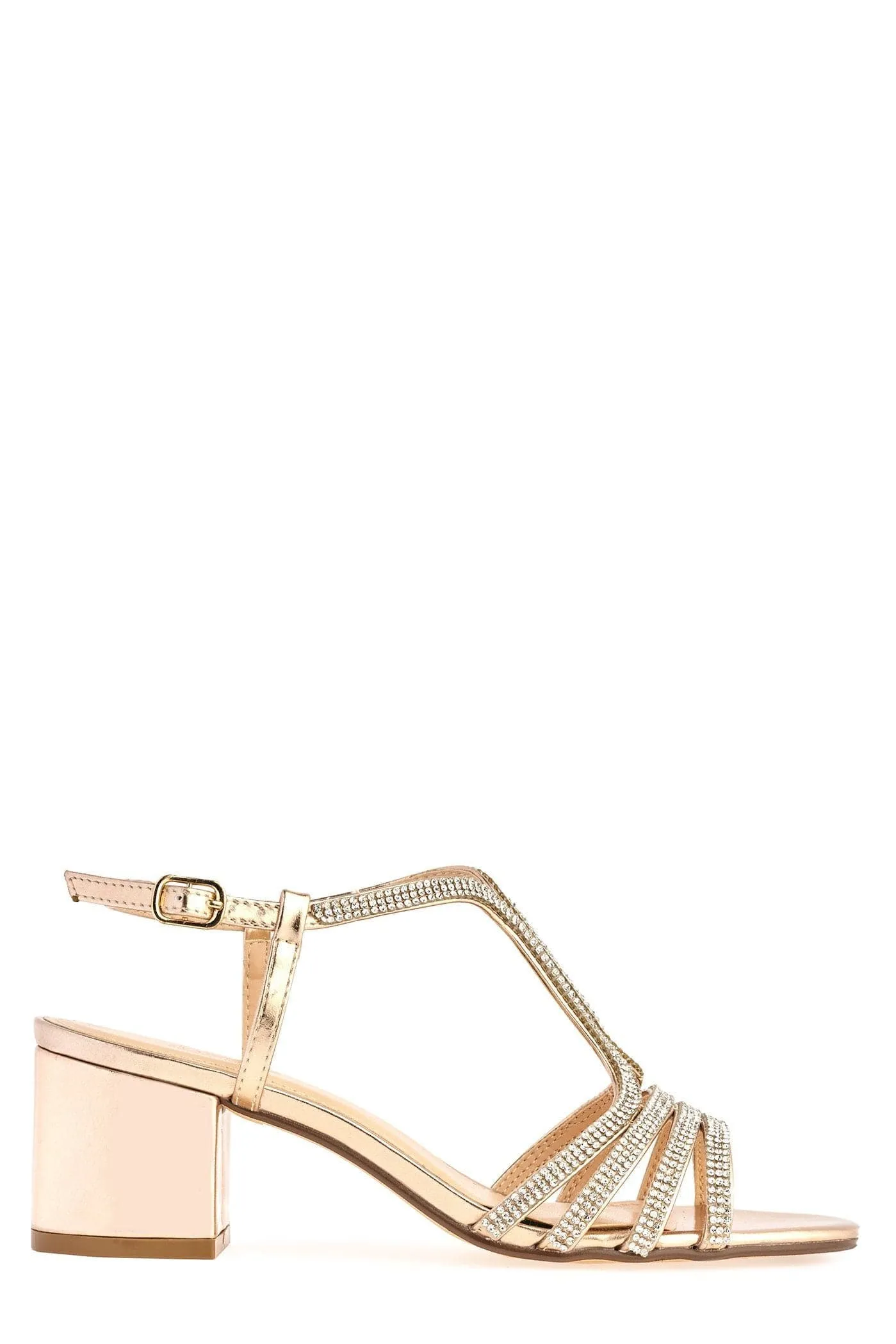 Amanda 3 Diamante Strap T-bar Block Heel Sandal in Rose Gold