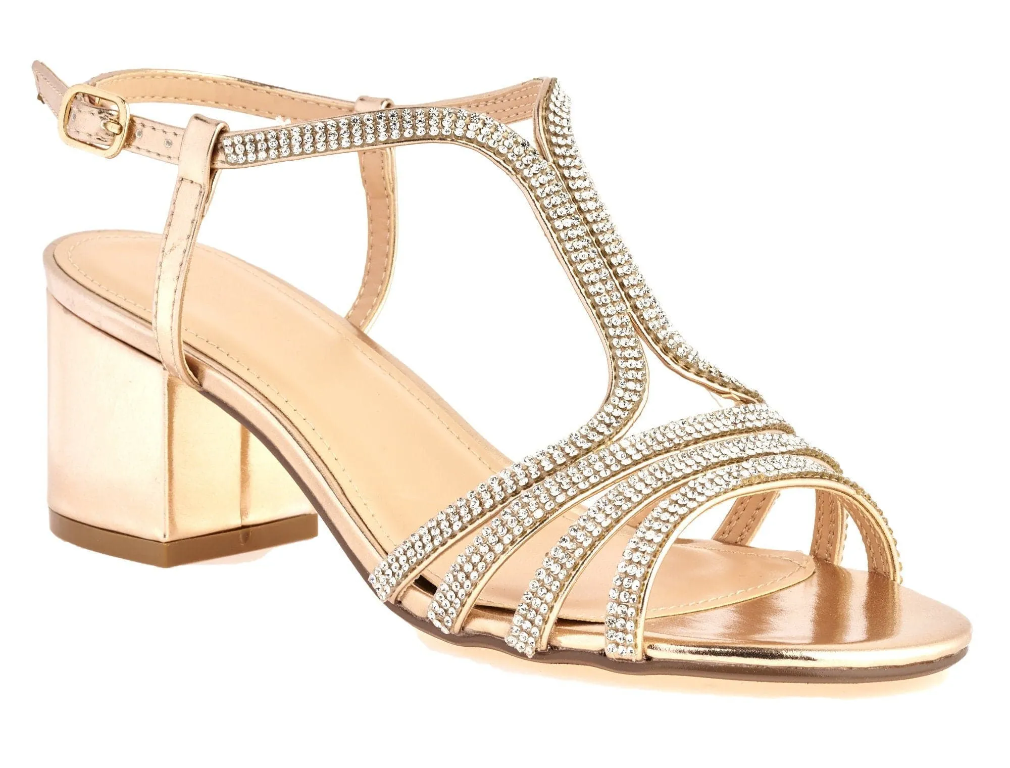 Amanda 3 Diamante Strap T-bar Block Heel Sandal in Rose Gold