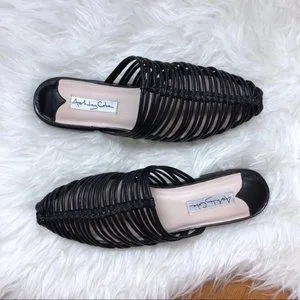 Ashley Cole Sanna Black Fashion Flat Caged Leather Slip On Peep Toe Sandals