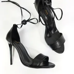 Black Matte Ankle Lace Pencil Heel Sandals