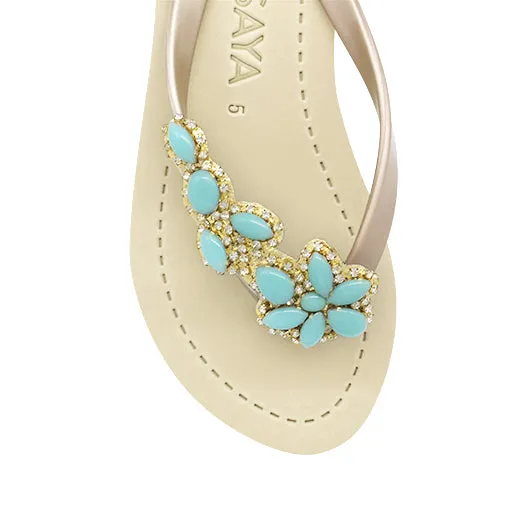 Brooklyn - Turquoise Flower Rhinestone Embellished Mid Wedge Flip Flops