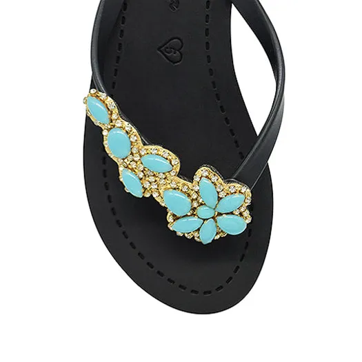 Brooklyn - Turquoise Flower Rhinestone Embellished Mid Wedge Flip Flops