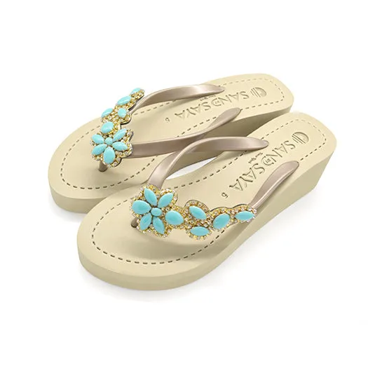 Brooklyn - Turquoise Flower Rhinestone Embellished Mid Wedge Flip Flops