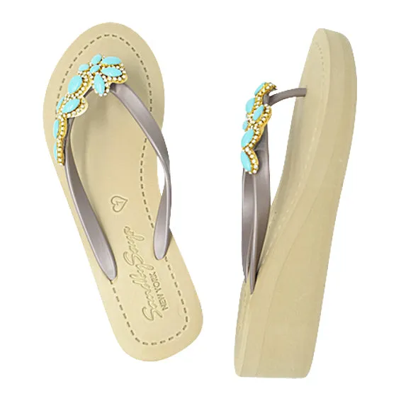 Brooklyn - Turquoise Flower Rhinestone Embellished Mid Wedge Flip Flops