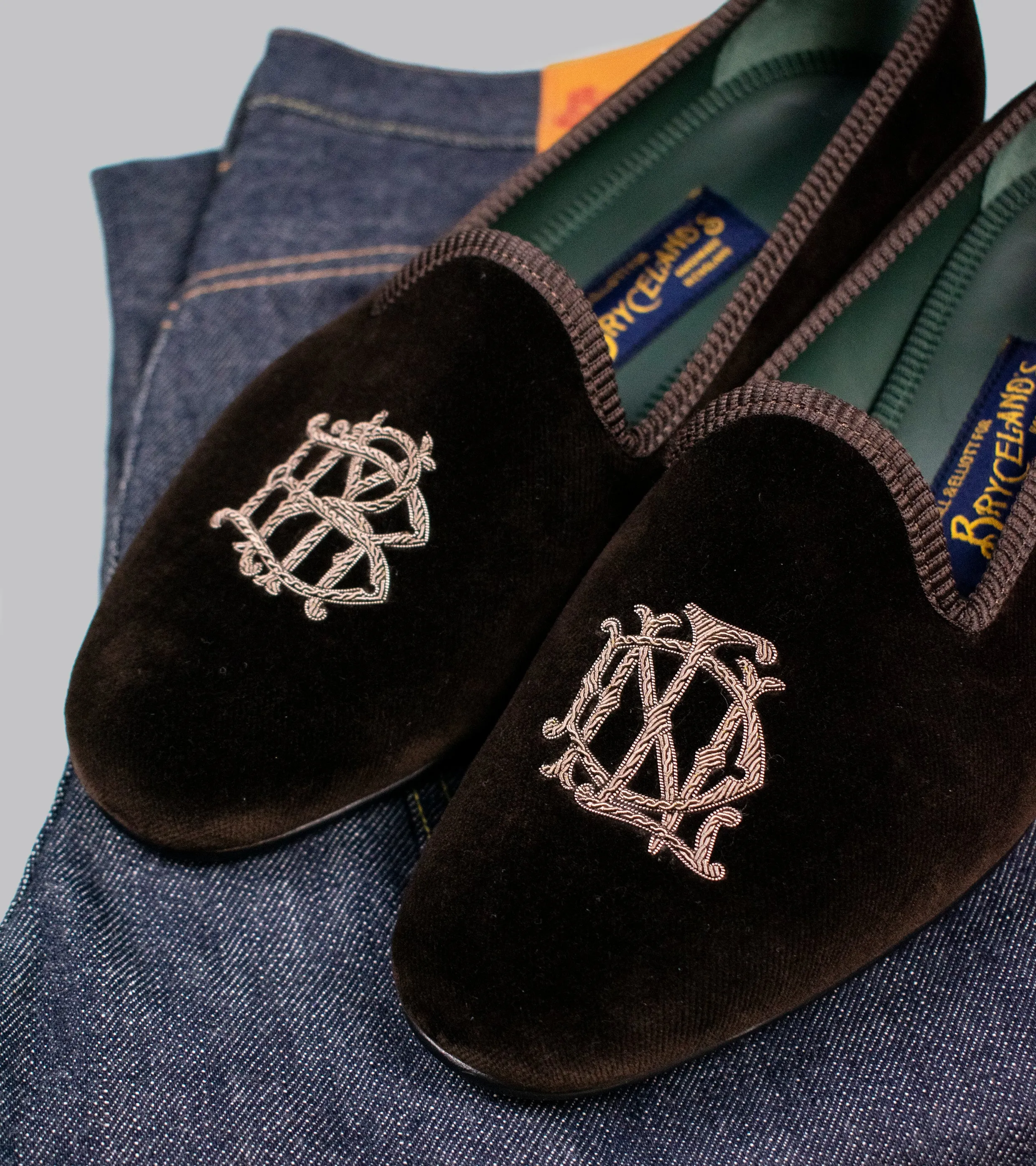 Bryceland's x Bowhill & Elliott Velvet Slippers Brown