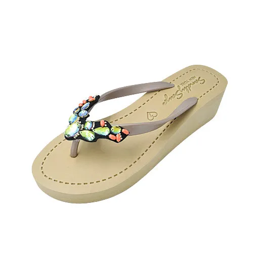 Cactus - Rhine Stone Embroidered Mid Wedge Flip Flops Sandal