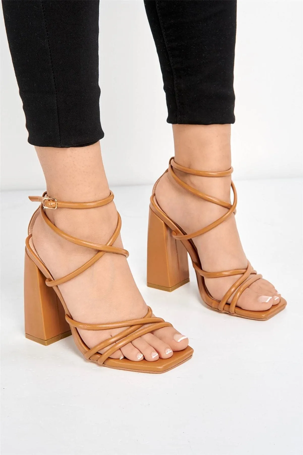 Chania Thick Strappy Block Heel Sandal in Camel