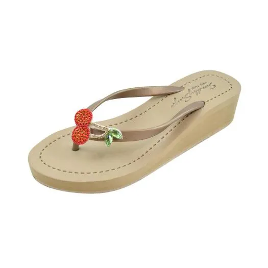 Cherry - Rhinestone Mid Wedge Flip Flops Sandals