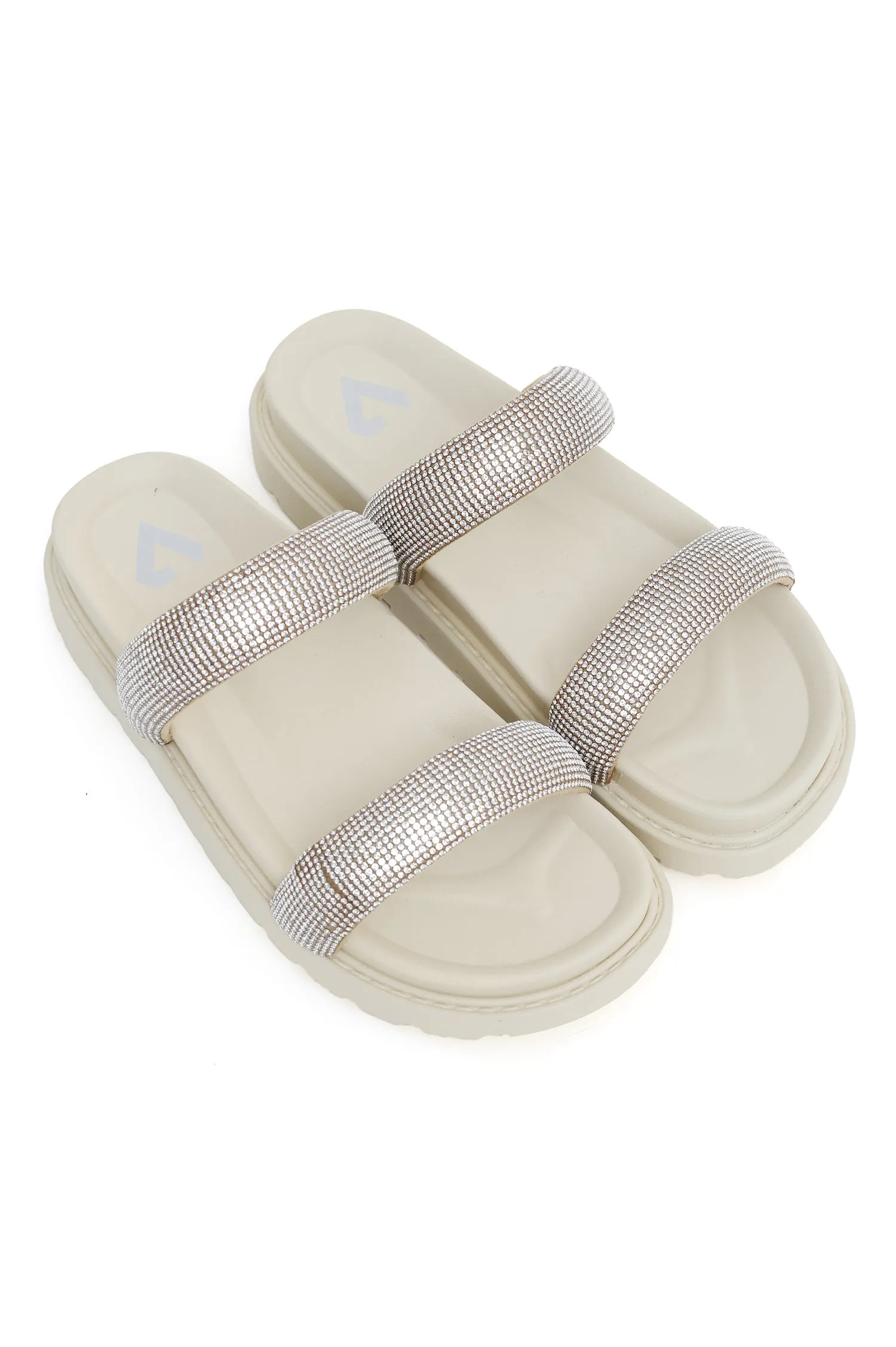 DIAMANTE STRAP SLIDES-BEIGE