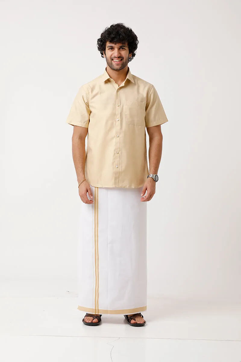 Divine - Flaxen Sandal Cotton Blend Single Dhoti With Fancy Border For Men | Uathayam