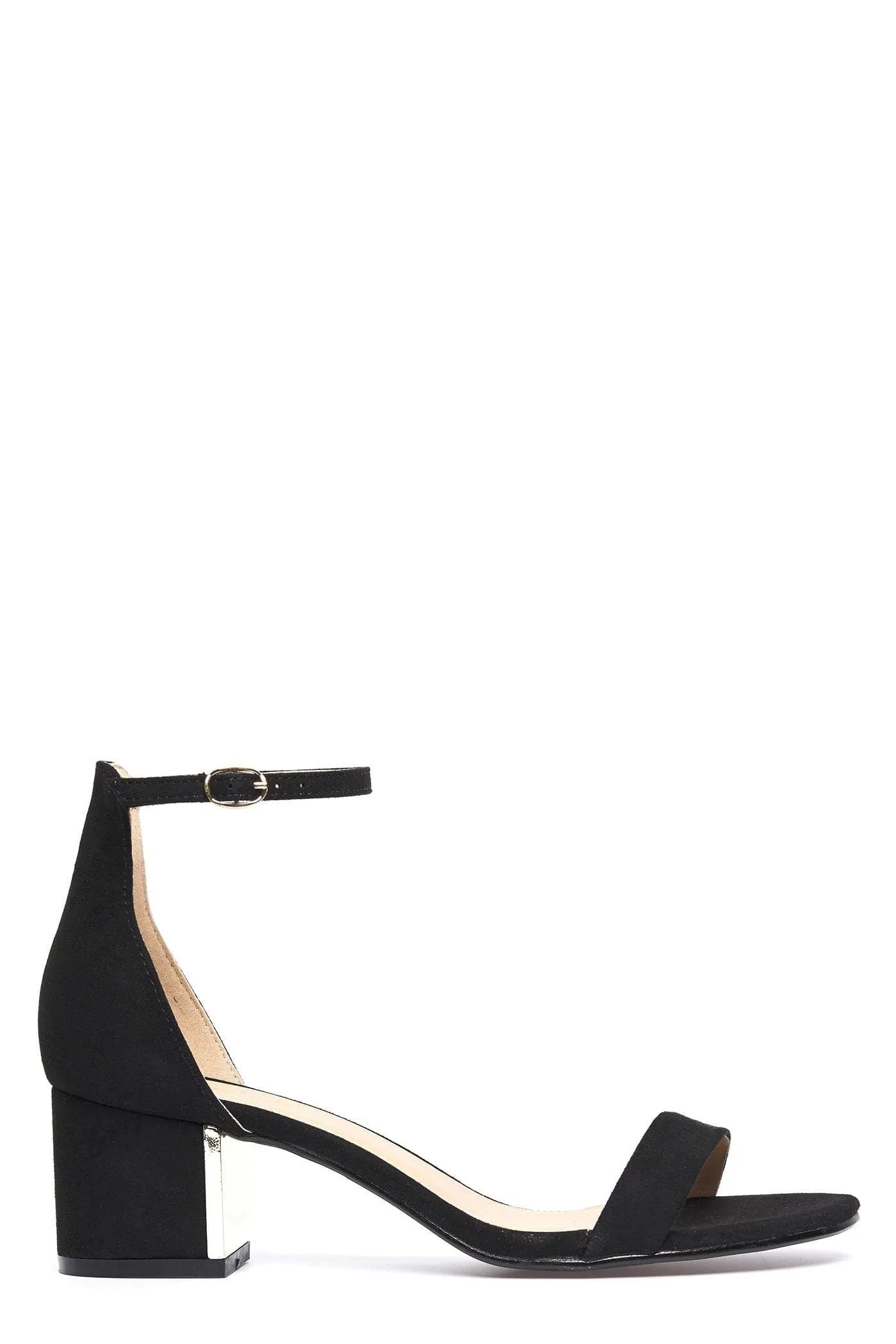 Elodie Gold Trim Anklestrap Sandal in Black Suede