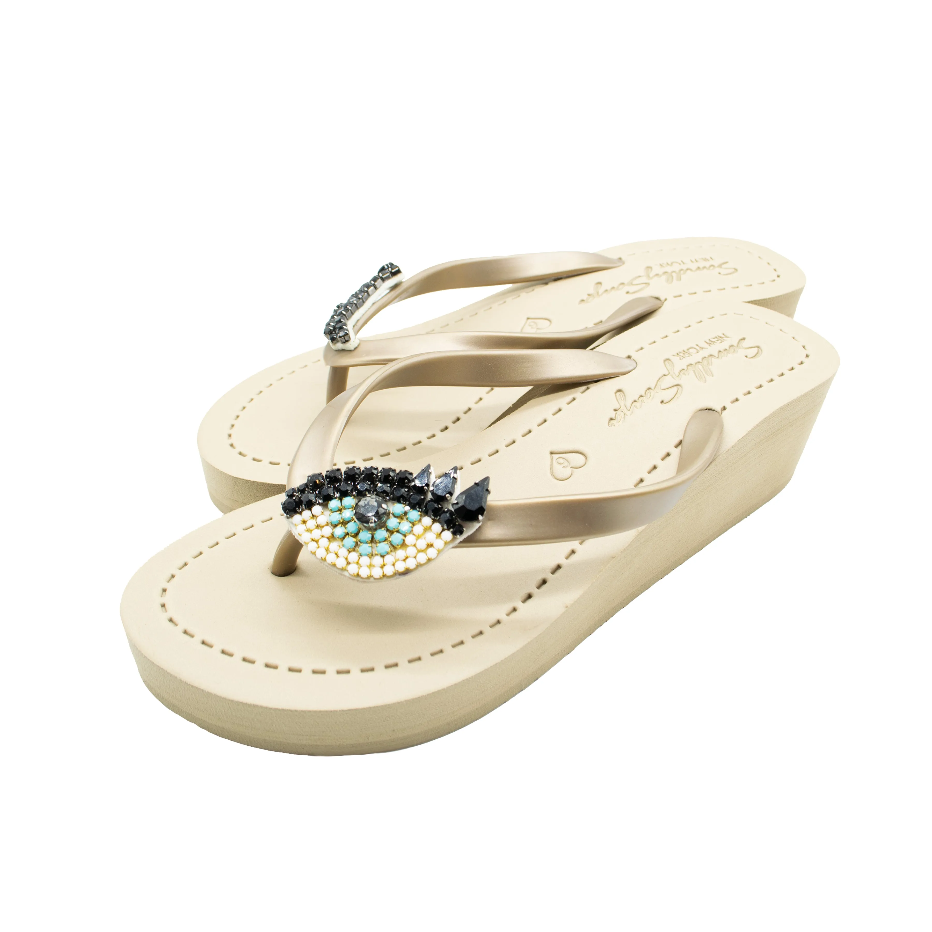 Eyes - Rhinestone Embellished Mid Wedge Flip Flops