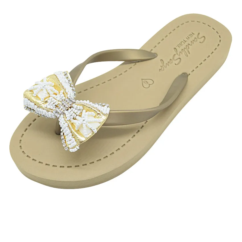 Gold and Pearl Bow-Rhine Stone Embellished Women's Flat Flip Flops Sandal