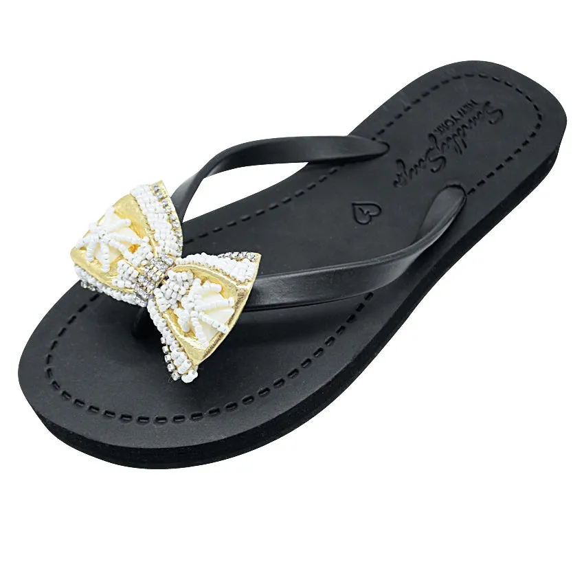 Gold and Pearl Bow-Rhine Stone Embellished Women's Flat Flip Flops Sandal