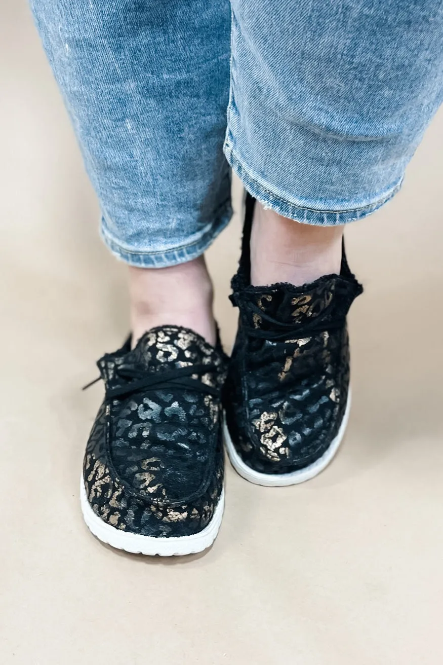 Golden Girls- Black & Gold Foil Leopard Print Flats w/ Fuzzy Lining