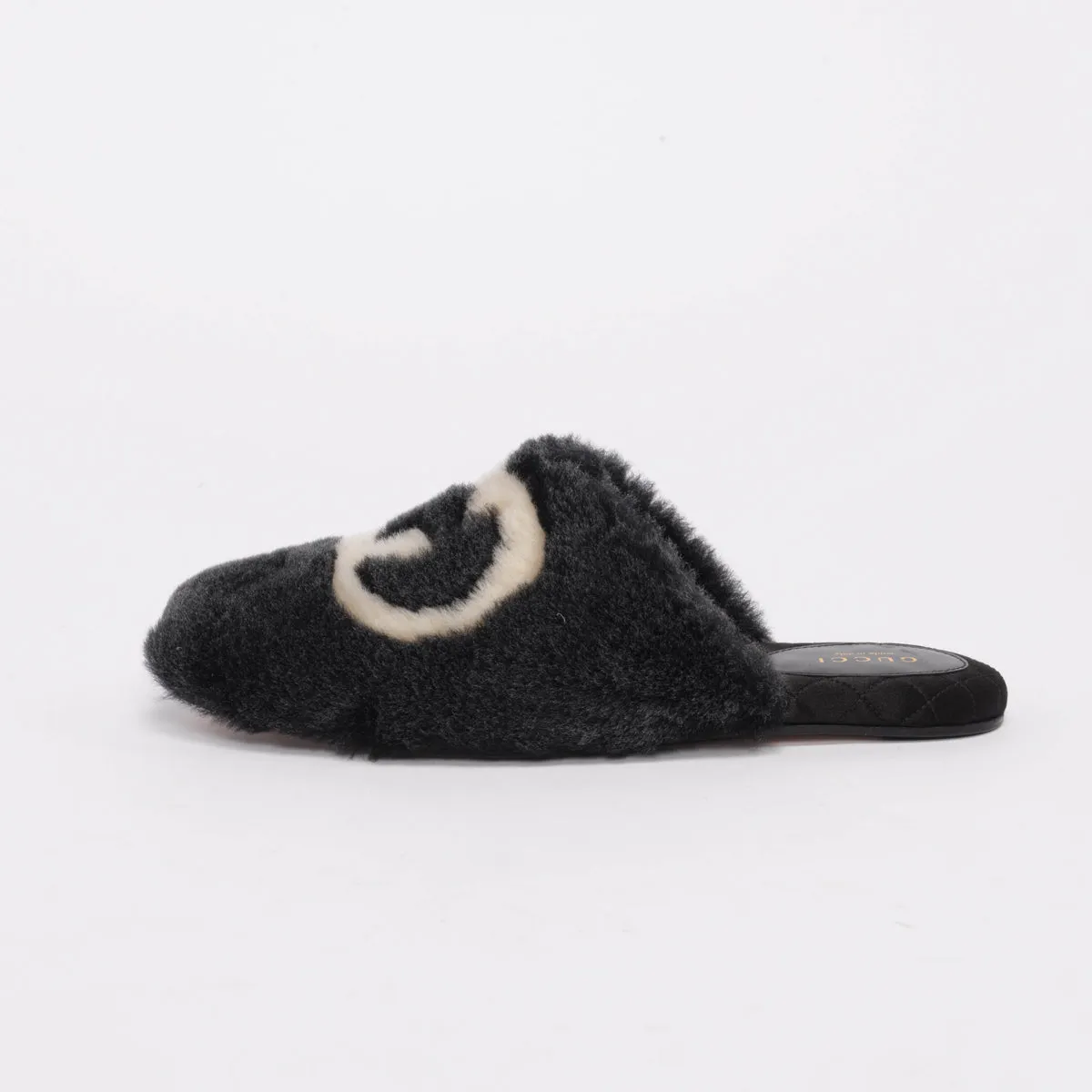 Gucci Black Faux Fur Interlocking G Slippers 38