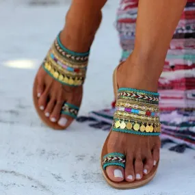 Gypsy Coin Sandals Boho Aztec Flip Flops With Toe Loops Bohemian Slippers Multi Colored Slip On Shoes With Toe Rings