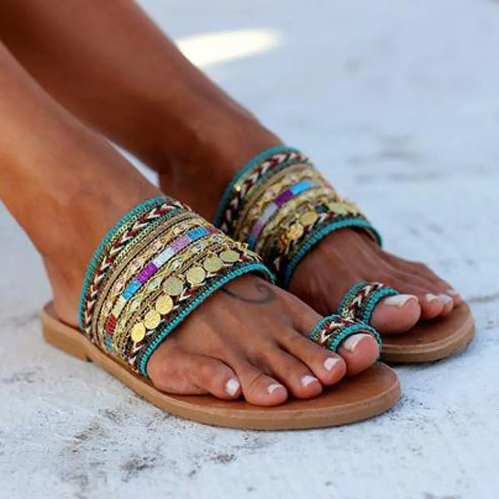 Gypsy Coin Sandals Boho Aztec Flip Flops With Toe Loops Bohemian Slippers Multi Colored Slip On Shoes With Toe Rings