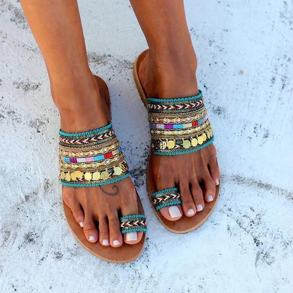 Gypsy Coin Sandals Boho Aztec Flip Flops With Toe Loops Bohemian Slippers Multi Colored Slip On Shoes With Toe Rings