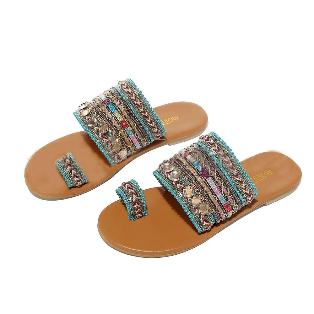 Gypsy Coin Sandals Boho Aztec Flip Flops With Toe Loops Bohemian Slippers Multi Colored Slip On Shoes With Toe Rings