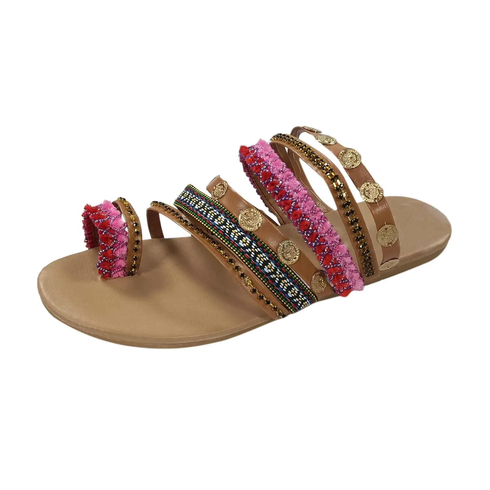 Gypsy Coin Sandals Boho Aztec Flip Flops With Toe Loops Bohemian Slippers Multi Colored Slip On Shoes With Toe Rings