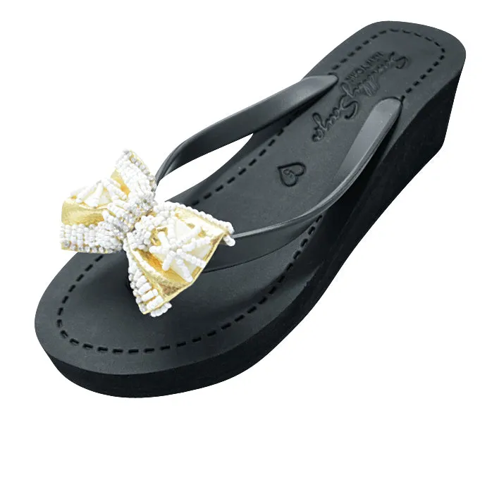 High Line -  Pearl & Gold Bow Embroidery Mid Wedge Flip Flops Sandals