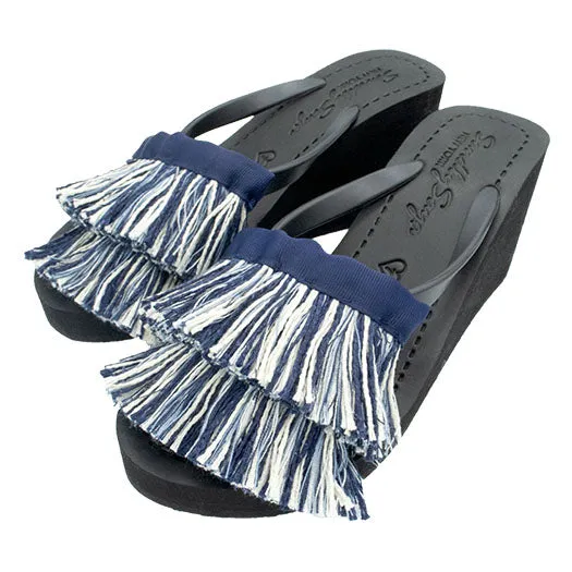 Irving-Stripe Fringe Embellished White and Blue Stripe Women's High Wedge Flip Flops Sandal