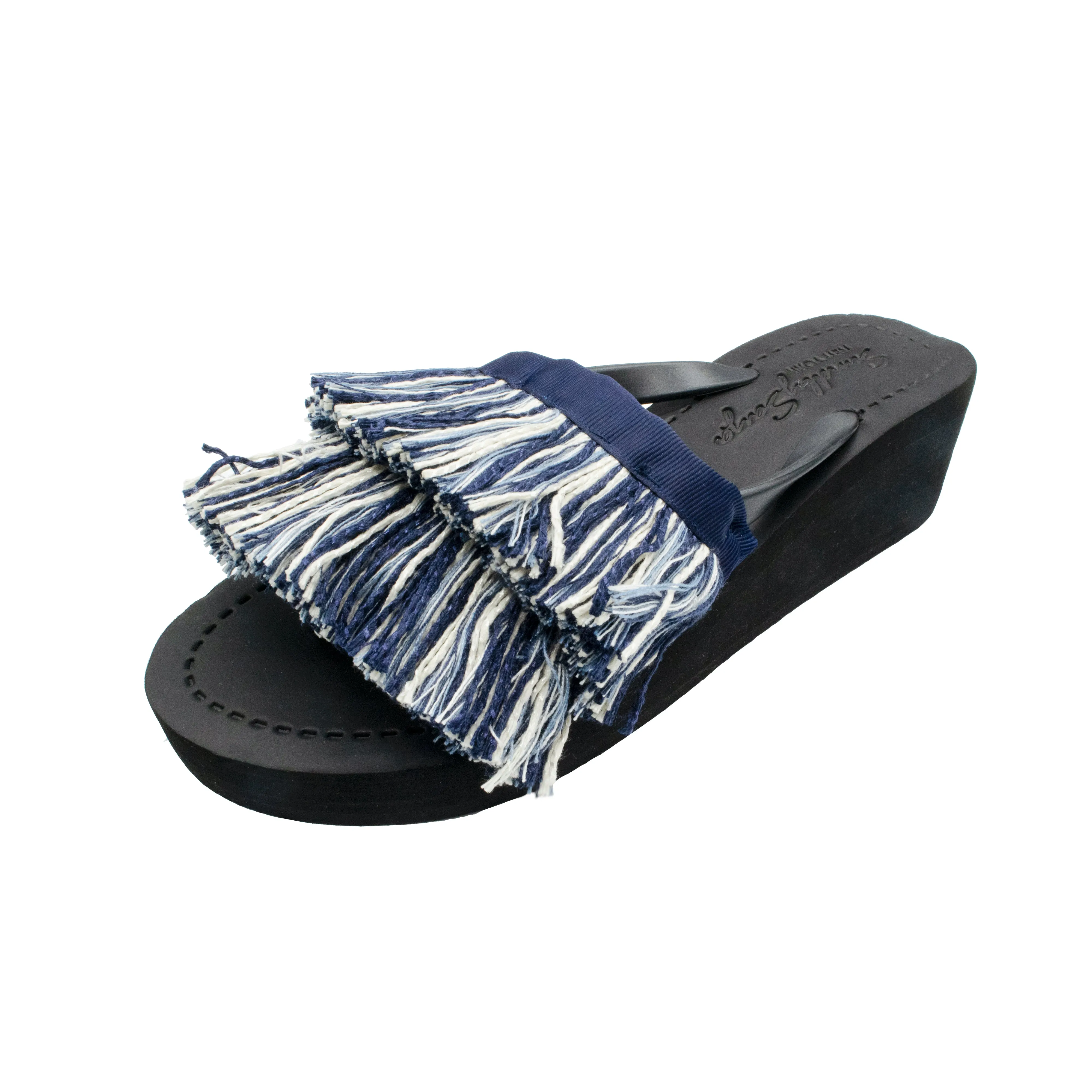 Irving Stripe Fringe- White and Blue Stripe Mid Wedge Flip Flops