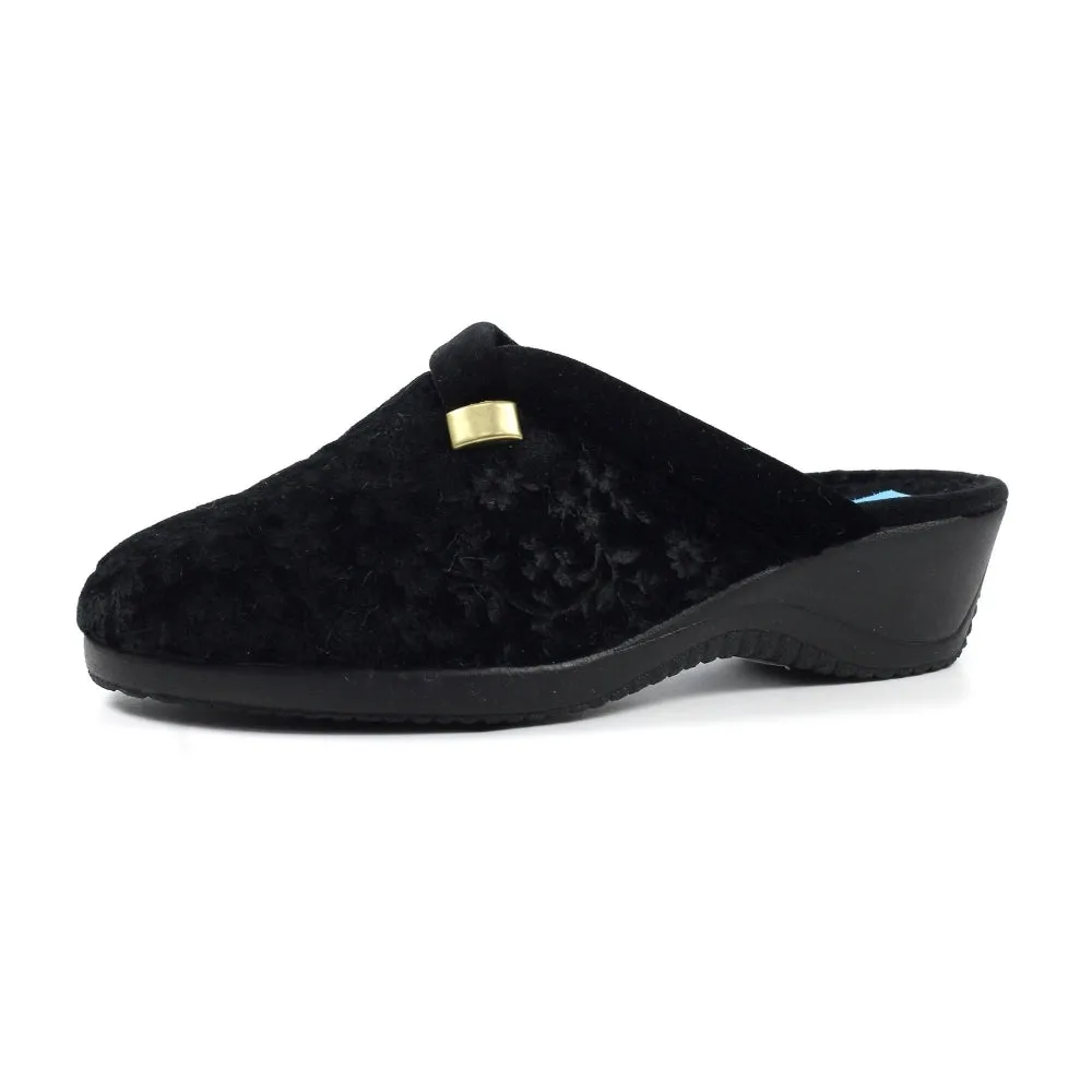 Ladies Bedroom Slippers Mule Wedge Heel Slip on Black Lunar Amaretto