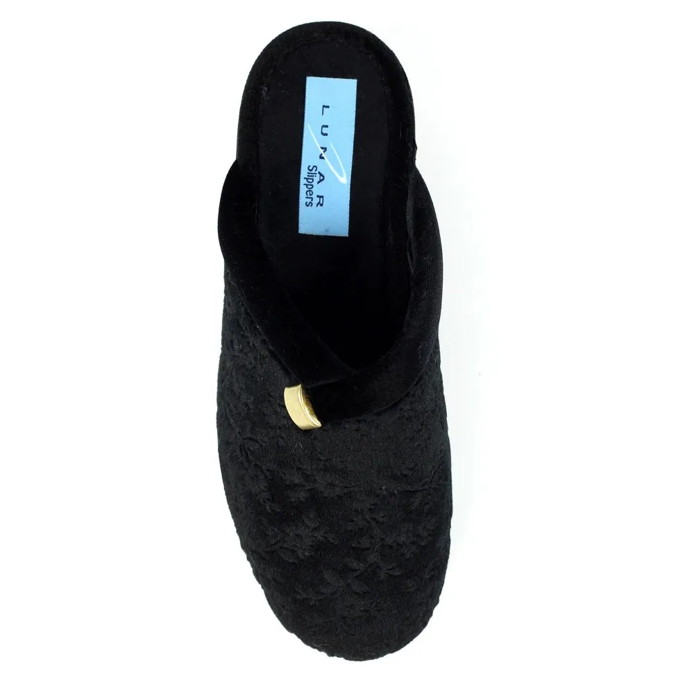 Ladies Bedroom Slippers Mule Wedge Heel Slip on Black Lunar Amaretto