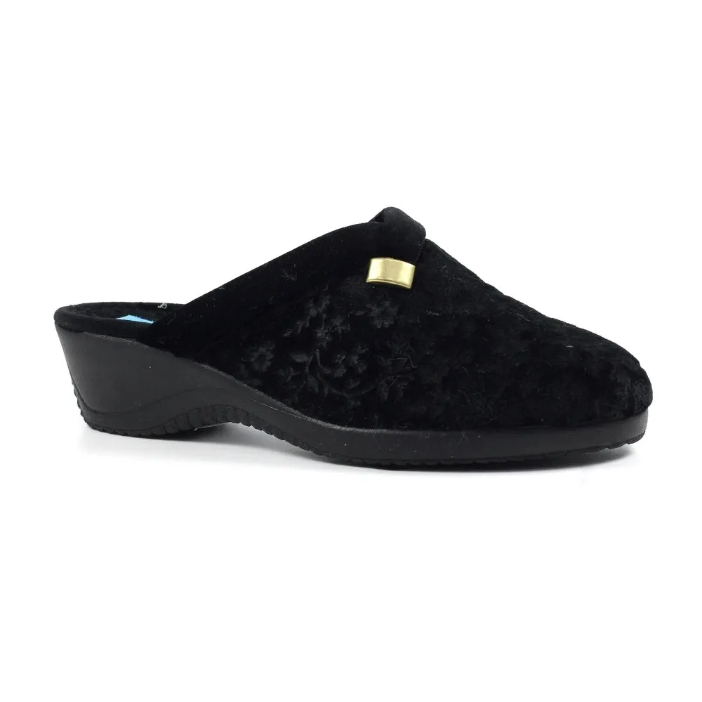 Ladies Bedroom Slippers Mule Wedge Heel Slip on Black Lunar Amaretto