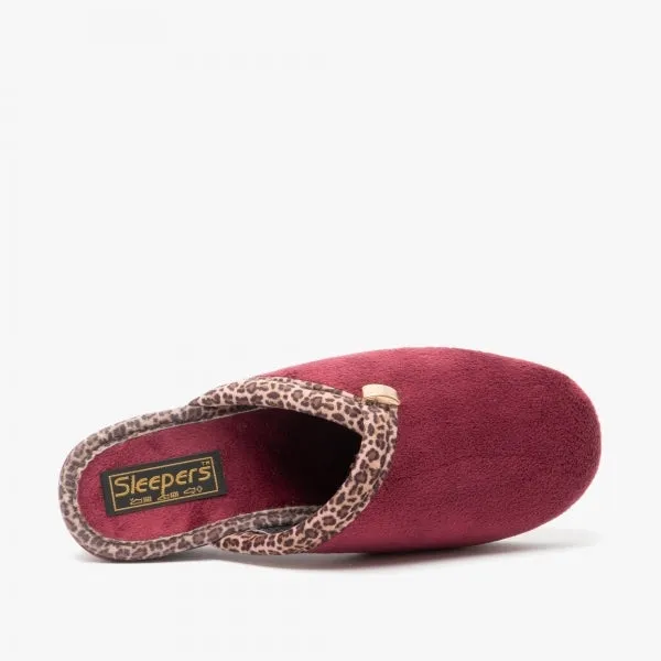 Ladies Bedroom Slippers Mule Wedge Heel Slip on Burgundy