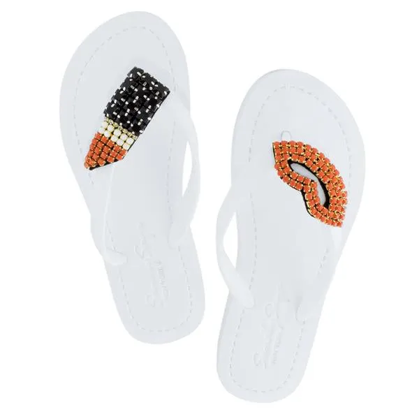 Lips - Rhinestone Embellished Flat Flip Flops Sandal for women