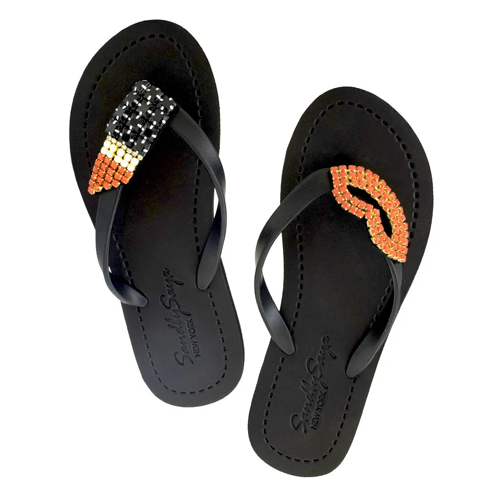 Lips - Rhinestone Embellished Flat Flip Flops Sandal for women