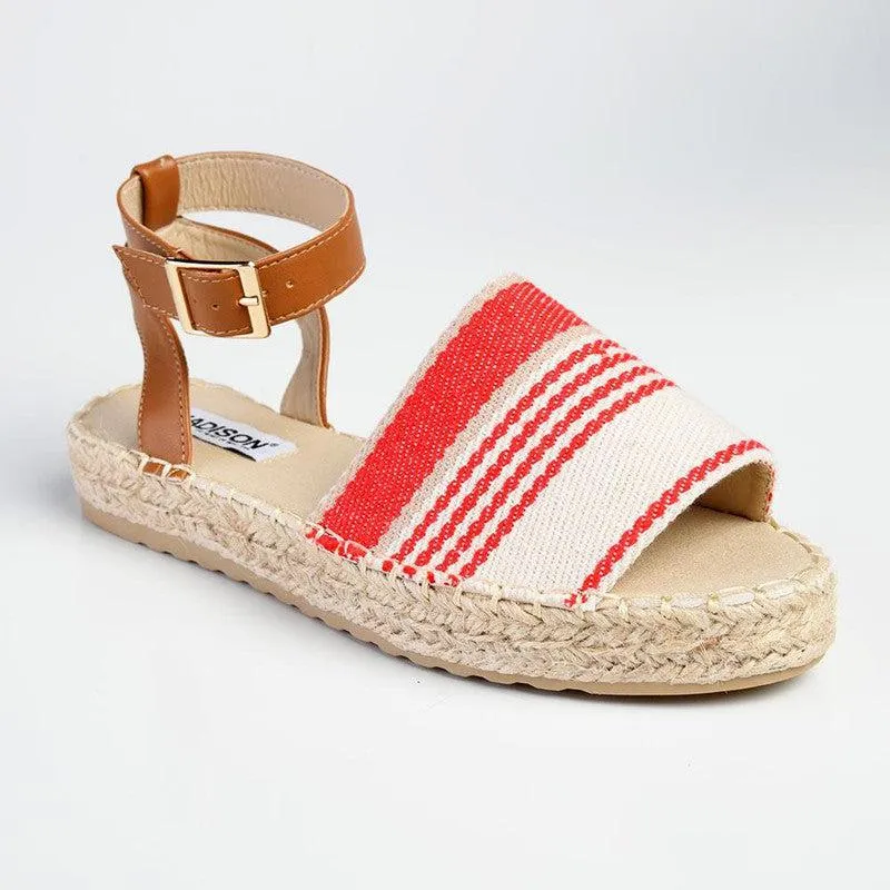 Madison Nautical Stripped Peep Toe Espadrille - Beige/Red