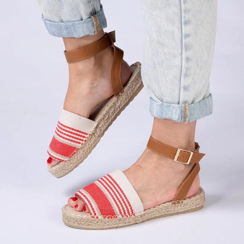 Madison Nautical Stripped Peep Toe Espadrille - Beige/Red