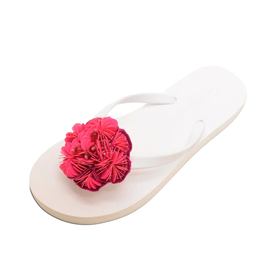 Noho Pink Flower - Sequence Embellished Women's Flat Flip Flops Sandal