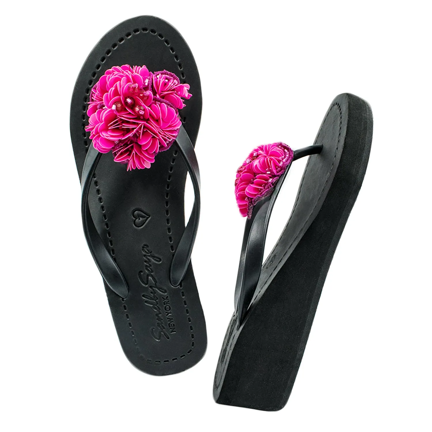 Noho Pink Flower - Sequence Embroidered Mid Wedge Flip Flops