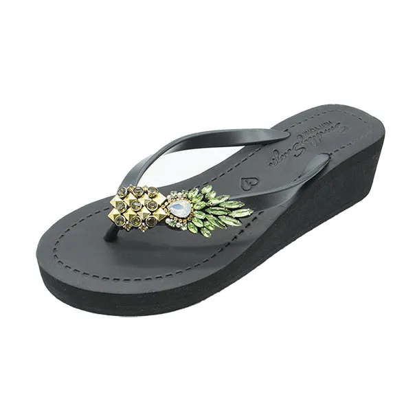 Pineapple - Rhinestone Mid Wedge Flip Flops