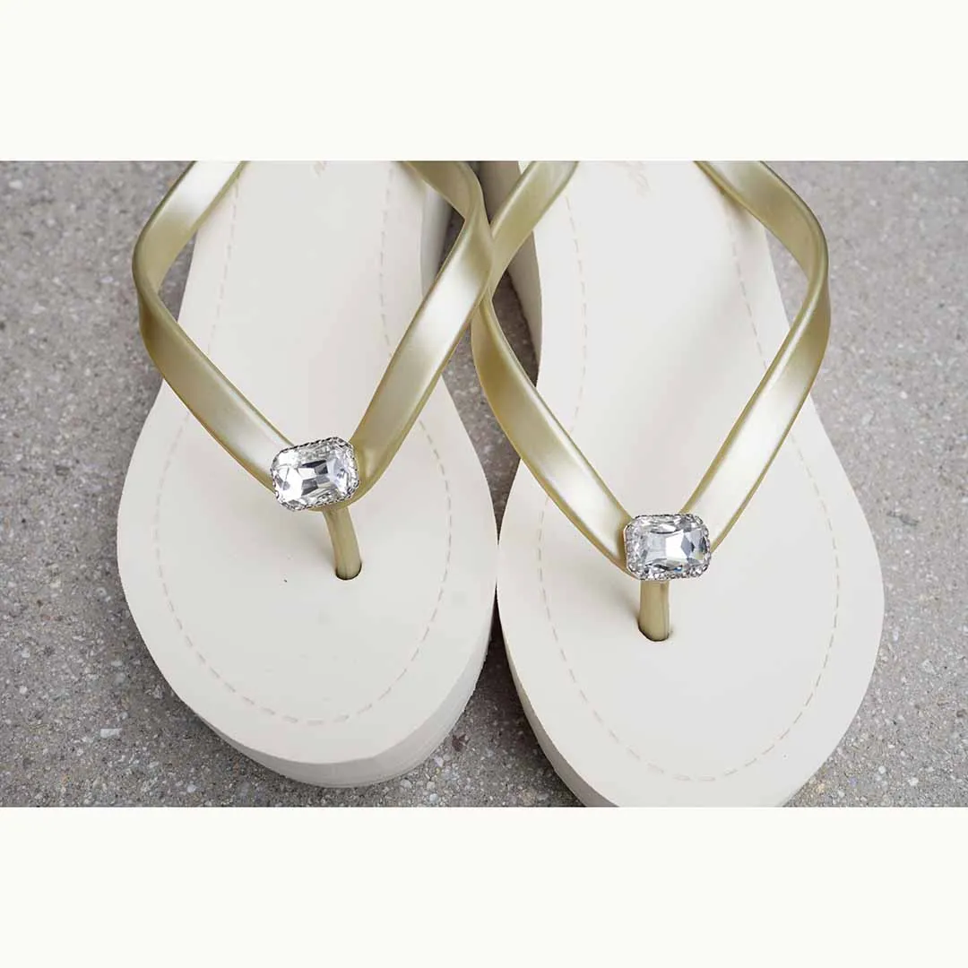 Rectangle Studs-Rhine Stone Embellished Women's High Wedge Flip Flops Sandal