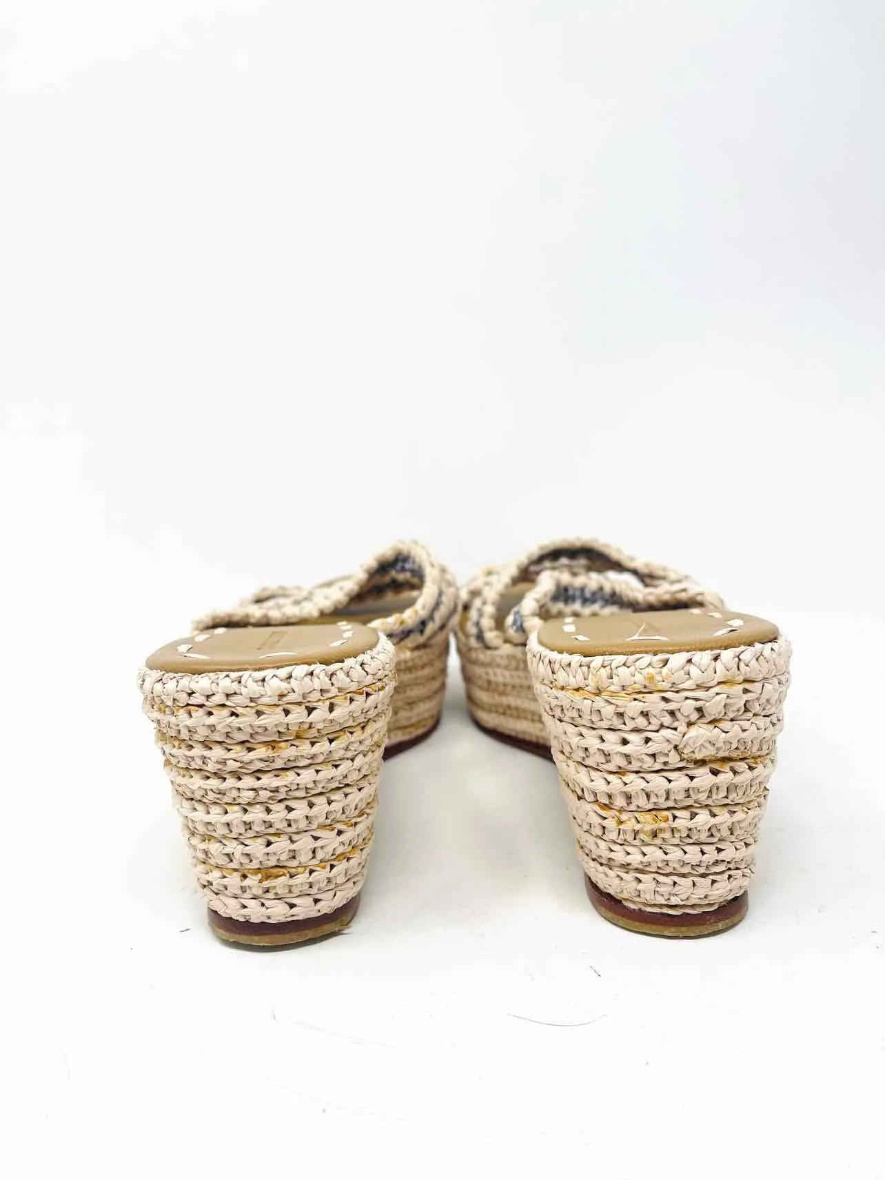 Size 8 Cream/Silver Stripe Woven Designer Wedge Sandal