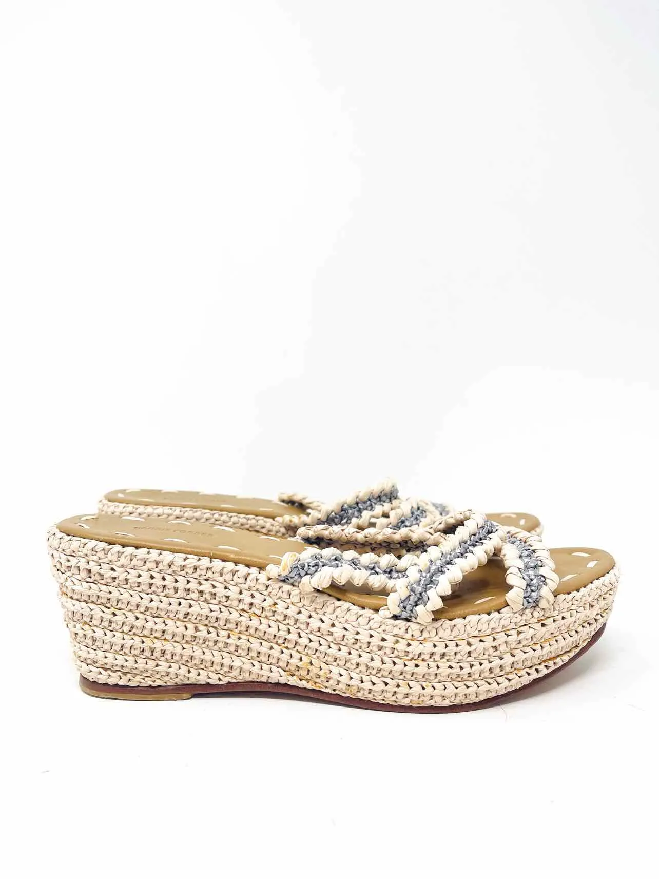 Size 8 Cream/Silver Stripe Woven Designer Wedge Sandal