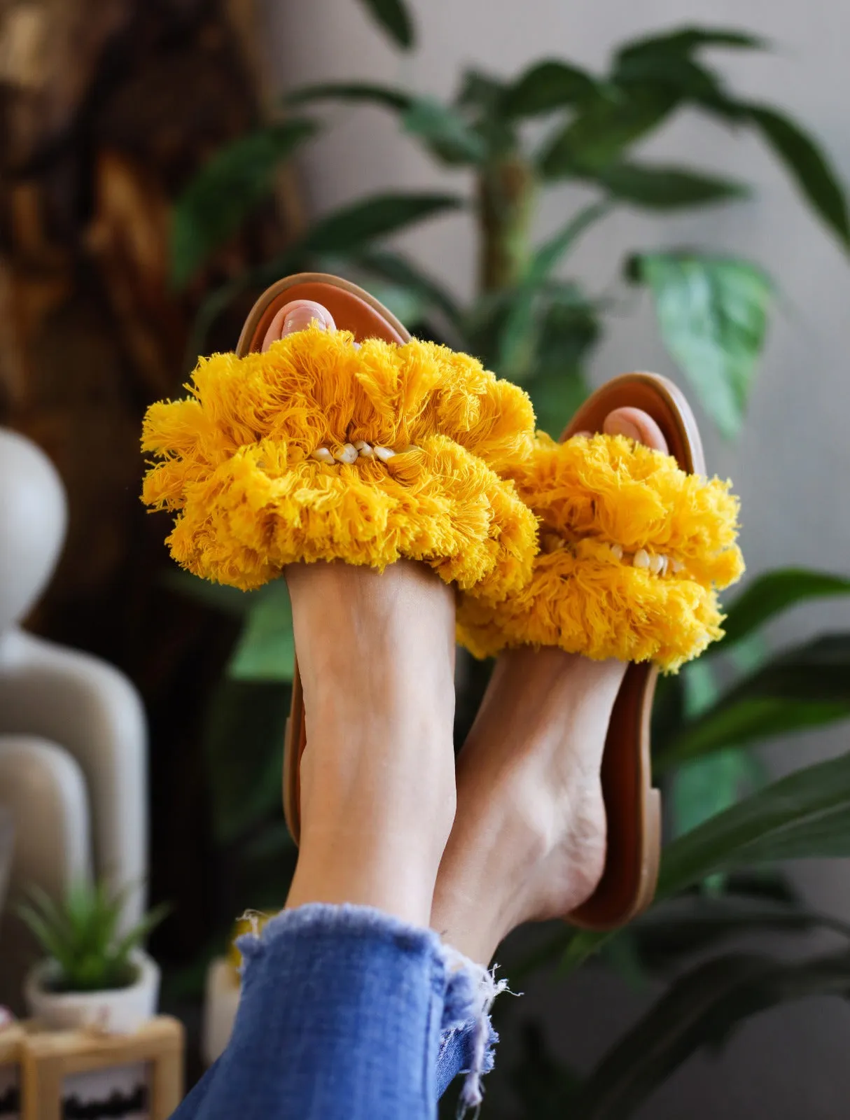 Threaded Stones Mustard Slippers