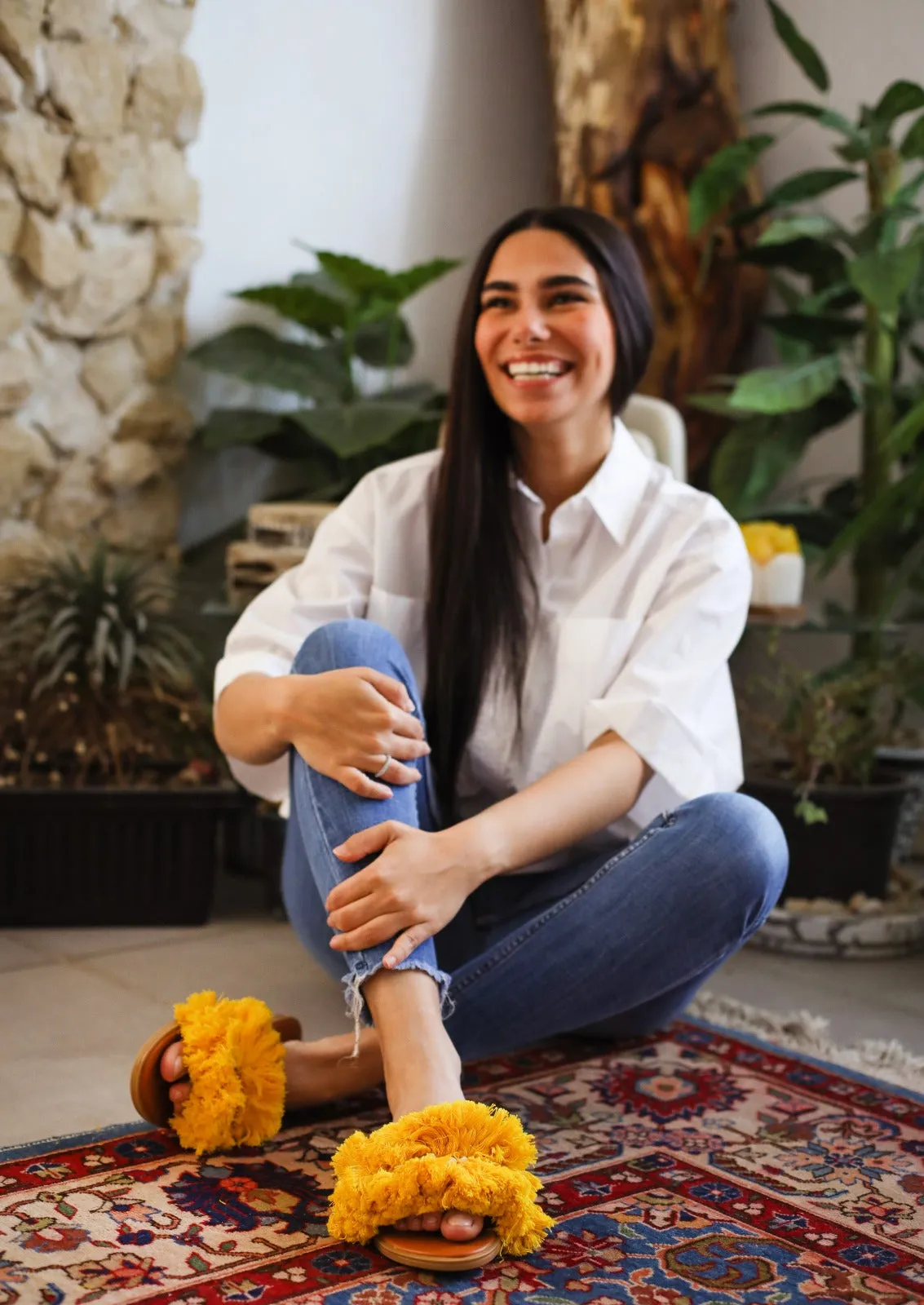 Threaded Stones Mustard Slippers